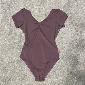 Mauve cap sleeve, low v back lace leotard or bodysuit